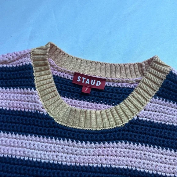 STAUD pink navy striped chunky knit crew neck short sleeve sweater top - Picture 5 of 6